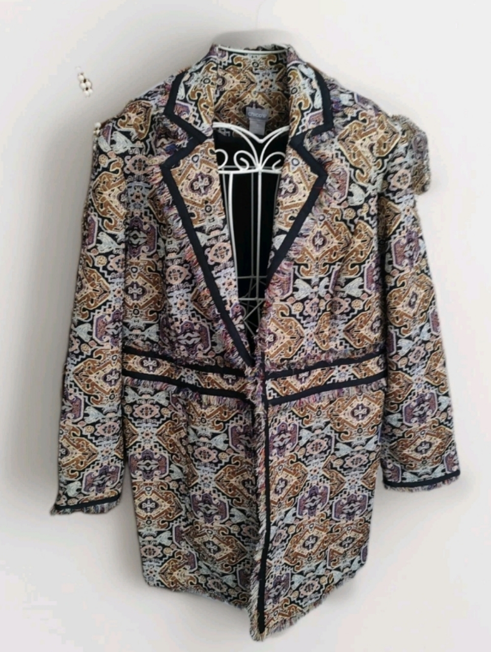 CHICOS Sz 3 (16/18) Jacquard/Metallic Fringe Jacket Lined Boho Tapestry Duster